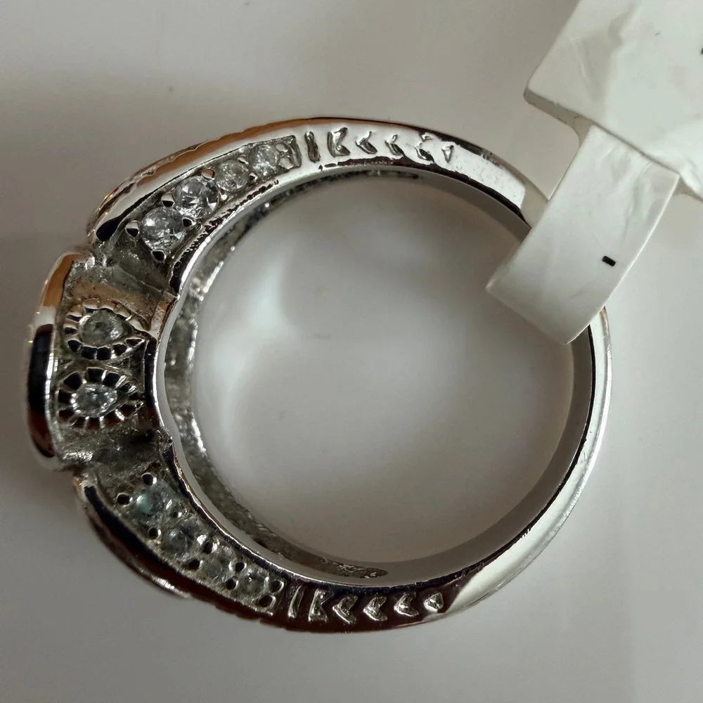 Silver Tone Three Stone Clear‎ Bezel Set Filigree Ring Size 7 PP48